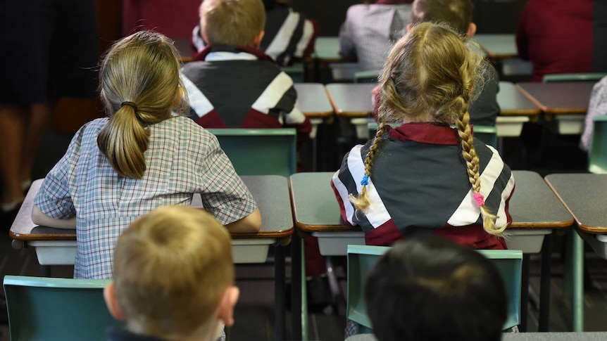 The backs of children's heads in a classroom setting