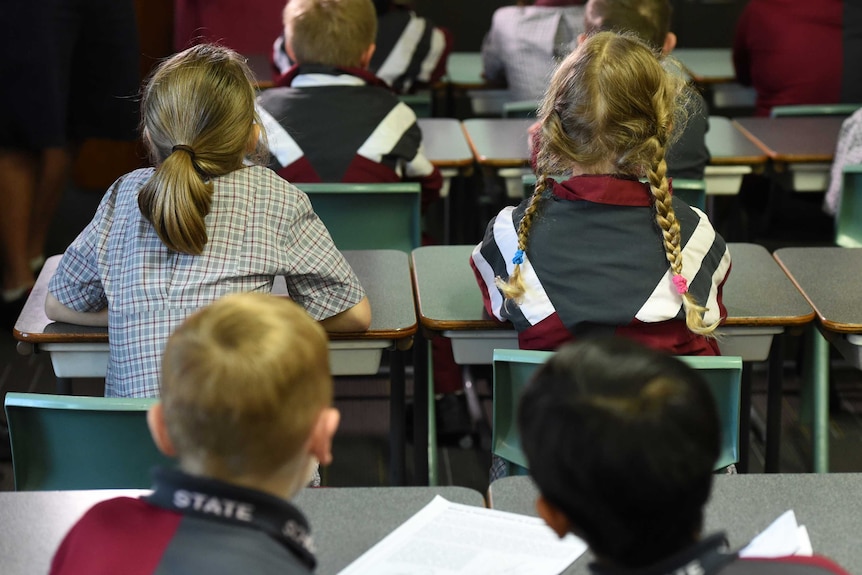 The backs of children's heads in a classroom setting