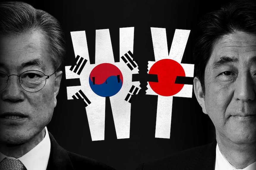 A graphic showing Moon Jae-in on one side with the South Korean flag and won, Abe with the Japanese flag and yen on the other.