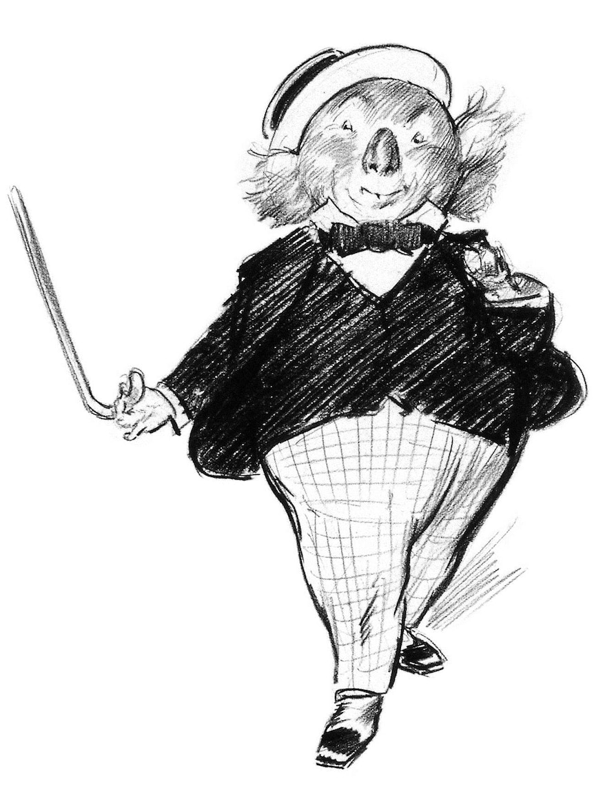A black and white drawing of a koala in a boater hat, bow tie, suit and cane