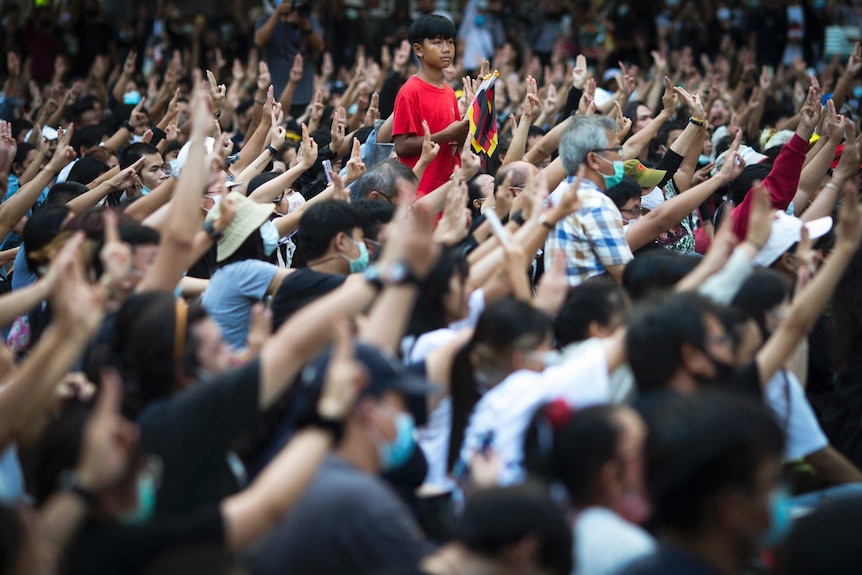 Pro-democracy protesters flash the three-finger protest salute during an anti-government rally