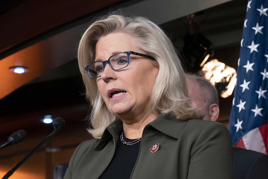 Liz Cheney, wearing dark blue rimmed glasses, stands in front of a US flag while speaking