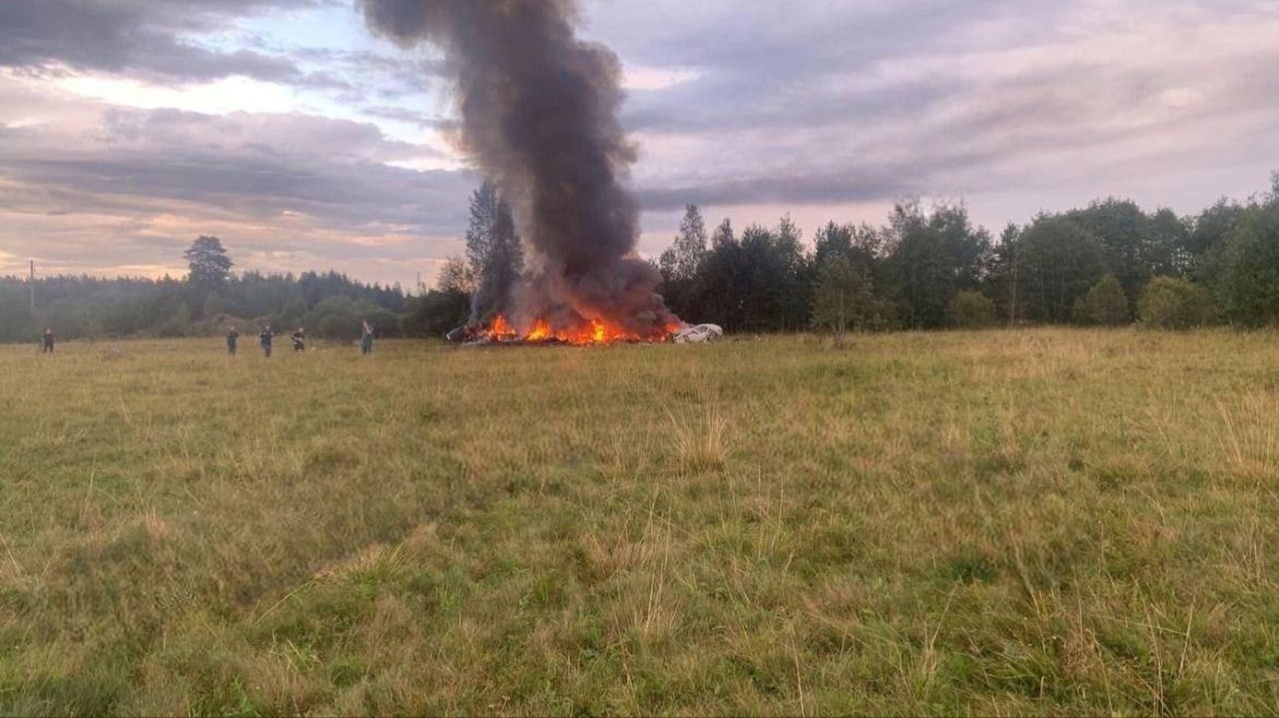 Smoke arises from the site of a jet crash near Moscow.