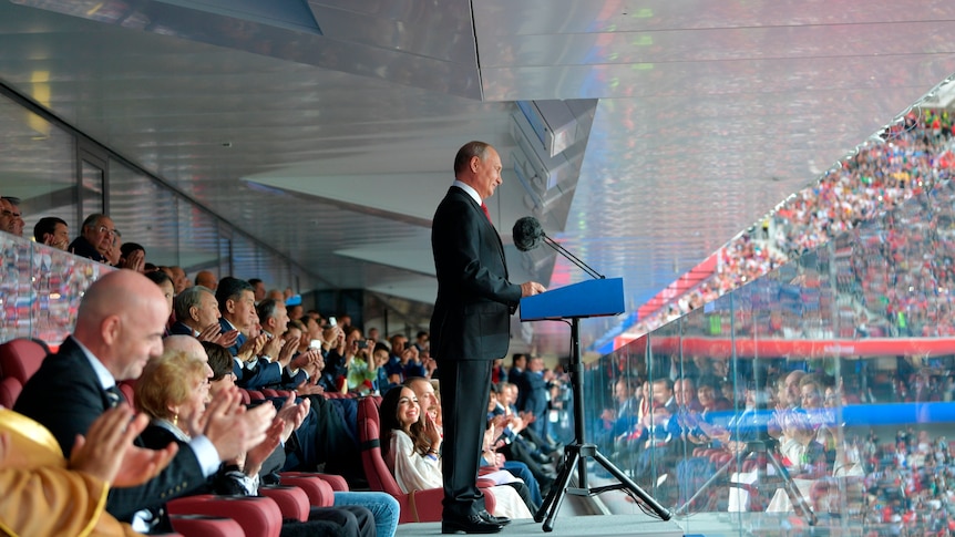 Vladimir Putin gives a speech at the World Cup opening  ceremony