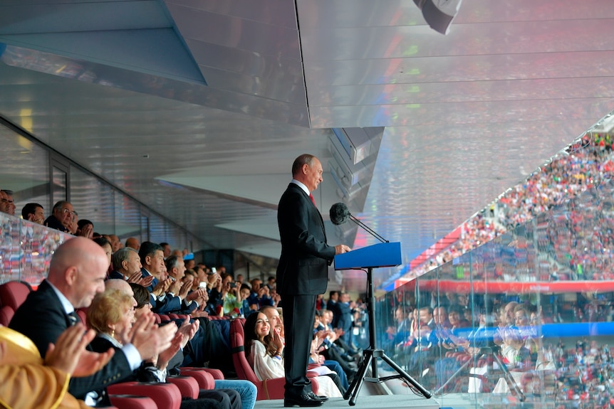 Vladimir Putin gives a speech at the World Cup opening ceremony