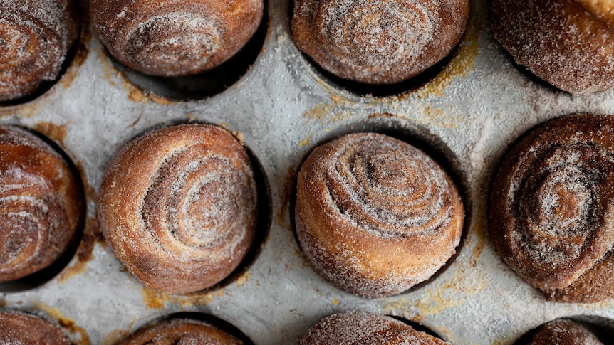 A close up of cinnamon scrolls in a baking tray, a pandemic baking project.