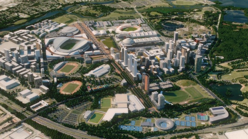An aerial view of planned developments at Sydney Olympic Park.