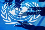 The UN flag - a white world map between two olive branches on a blue background, with shadows of hands making peace signs