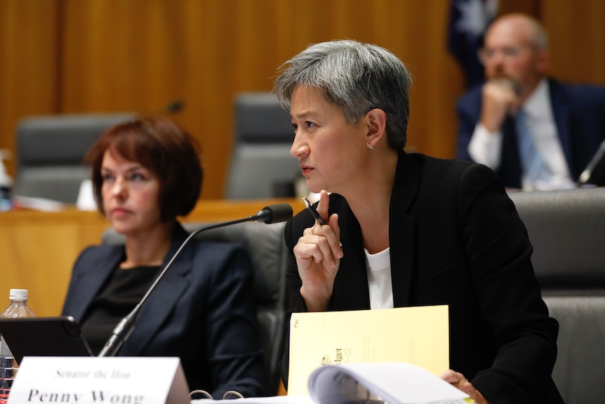 A woman with grey hair wearing a black blazer and white top sitting behind a microphone looking forward with a slight scowl