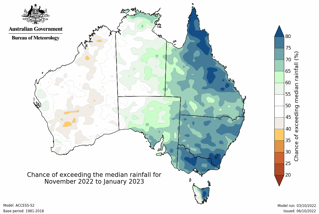Map of Aus. Blue on the east coast indicating high chance of above median rainfall. 