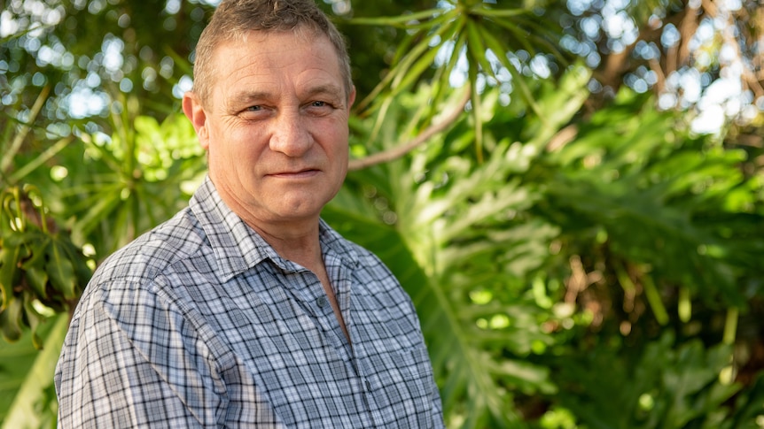 Man wearing a blue checkered shirt standing in front of a tree.