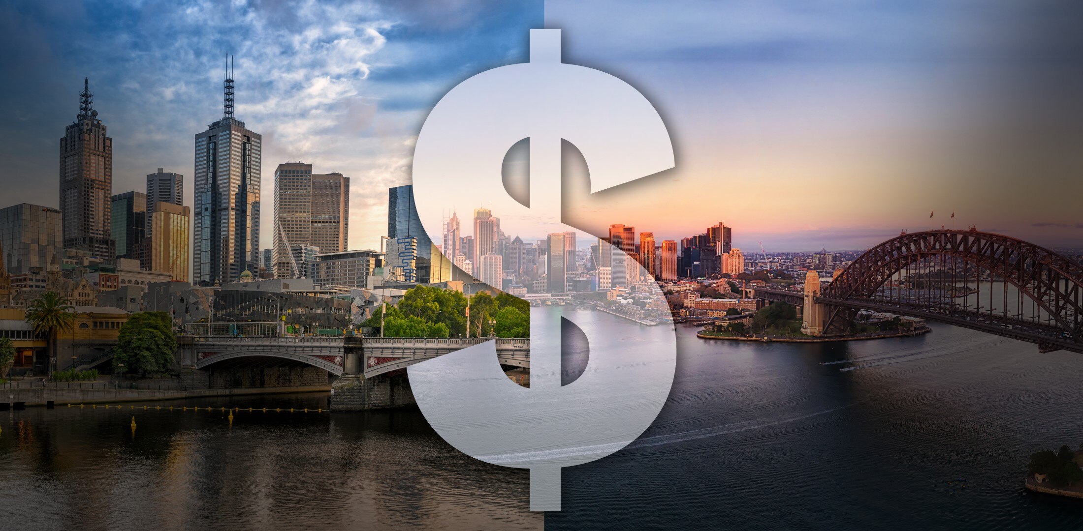 Photo illustration for cost of living with Melbourne CBD on the left, Sydney on the right and dollar sign in the middle