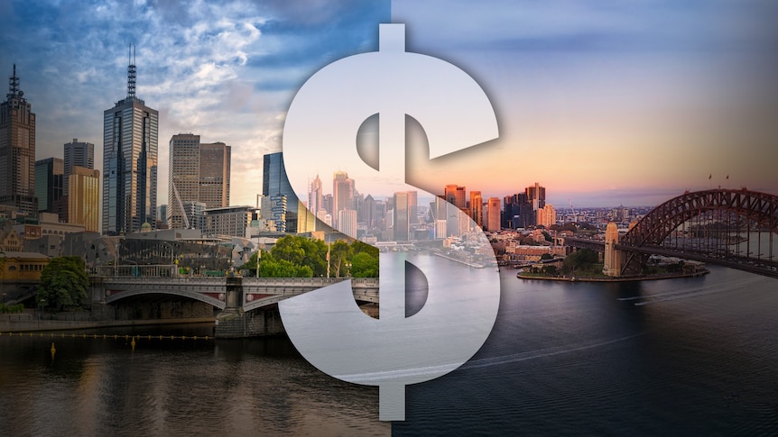 Photo illustration for cost of living with Melbourne CBD on the left, Sydney on the right and dollar sign in the middle