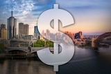 Photo illustration for cost of living with Melbourne CBD on the left, Sydney on the right and dollar sign in the middle