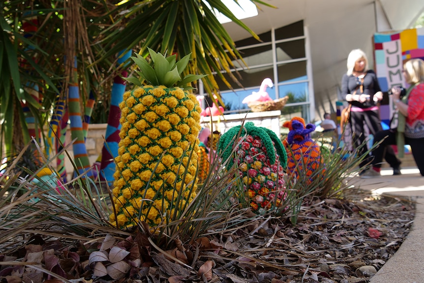 A knitted pineapple sits in a garden bed