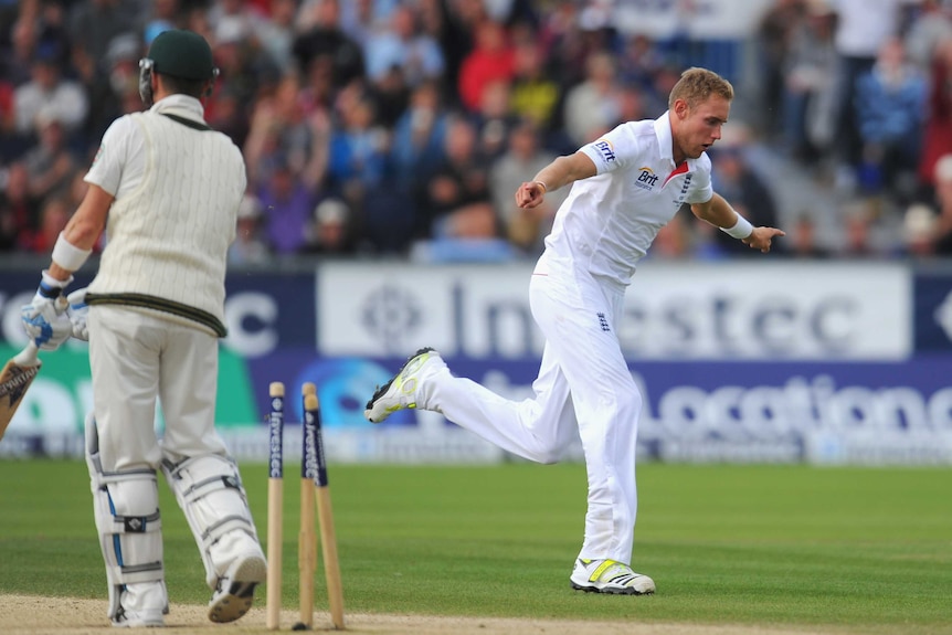 England paceman Stuart Broad celebrates after bowling Australian skipper Michael Clarke