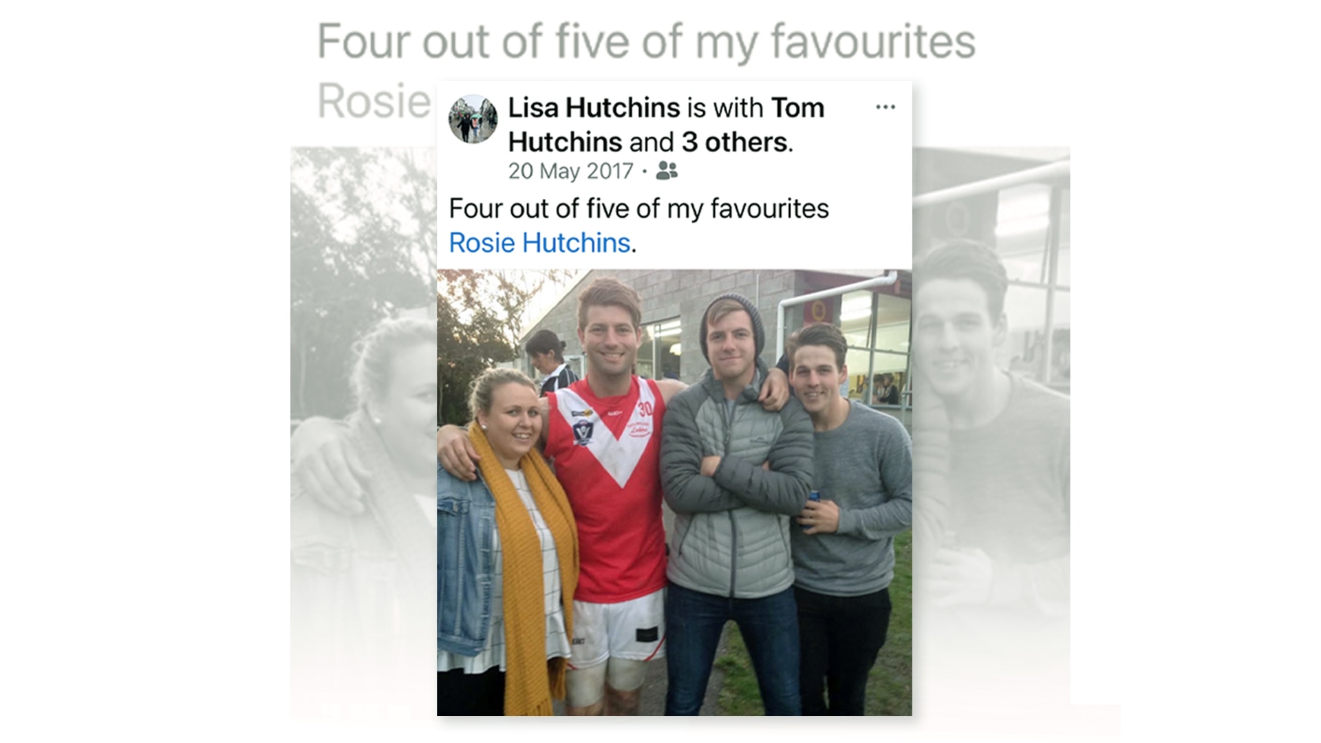 A Facebook post with four young adults and the caption, "four out of five of my favourites".