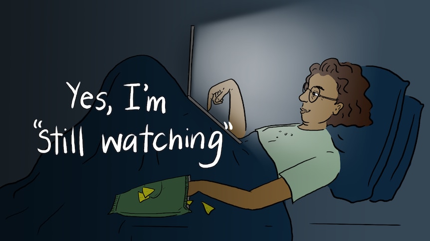 An illustration of a woman in bed, watching her laptop screen