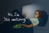 An illustration of a woman in bed, watching her laptop screen