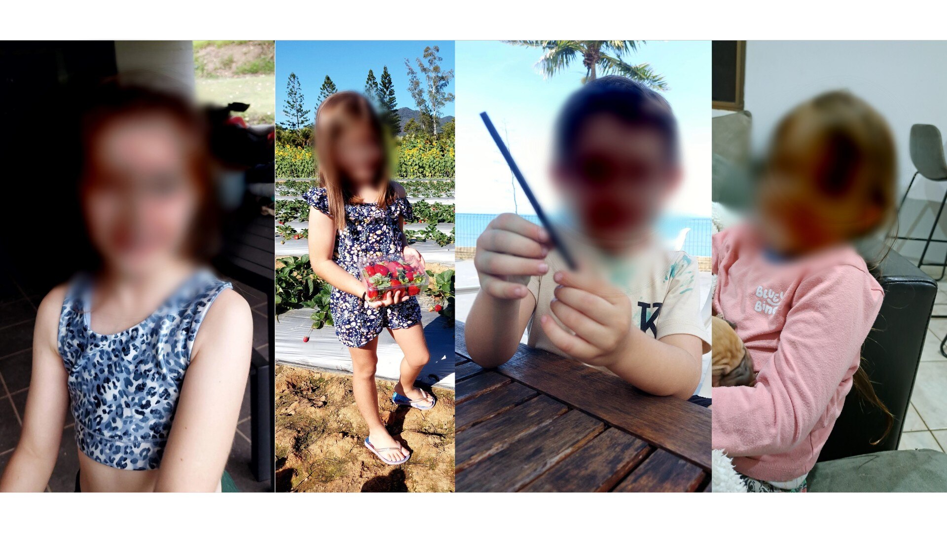 A four-panel composite image showing four children, whose faces have been blurred.