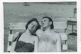 A black-and-white photograph of Olga Horak and her husband John at Nielson Park in 1949.
