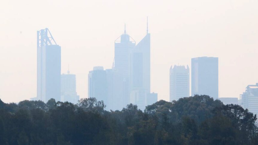 Perth's skyscrapers blanketed in a smoky haze.