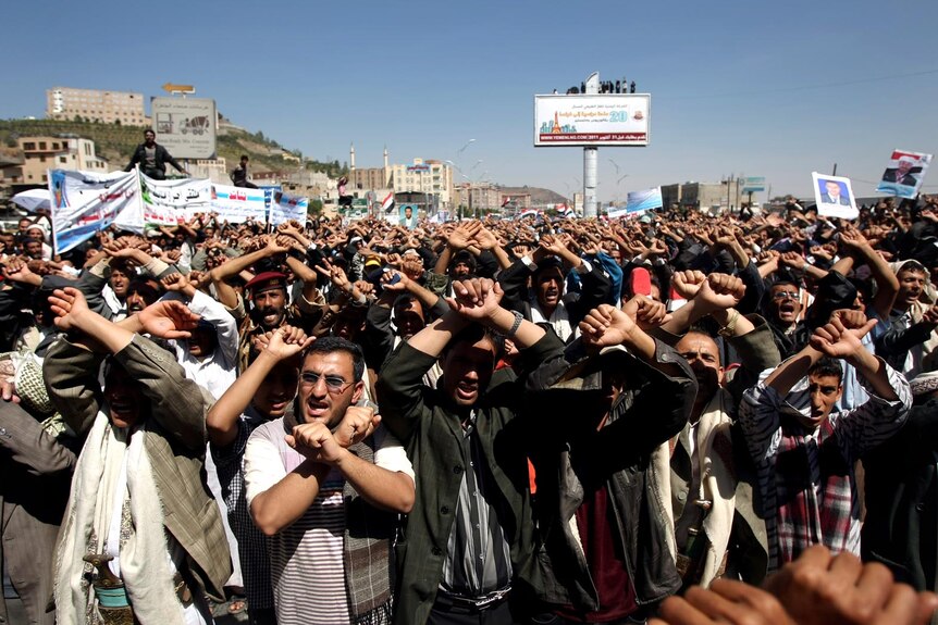 Anti-government protesters gather for a rally in Sanaa demanding the ousting of Ali Abdullah Saleh.
