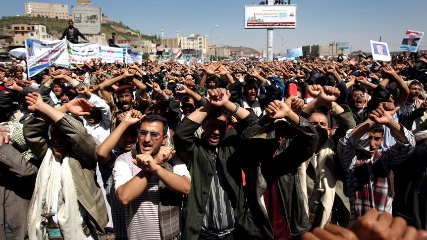 Anti-government protesters gather for a rally in Sana'a demanding the ousting of Ali Abdullah Saleh.