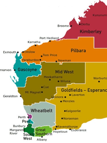 Map splitting the Kimberley, Pilbara, Mid West, Gascoyne, Goldfields-Esperance, Great Southern, South West, Peel and Perth.