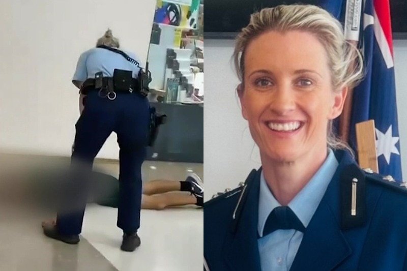 female police officer image from behind leaning over man lying on shopping centre floor and portrait of female police officer