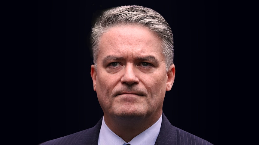 Stylised graphic of Mathias Cormann on a black background. He is staring dead ahead with a stern expression on his face.