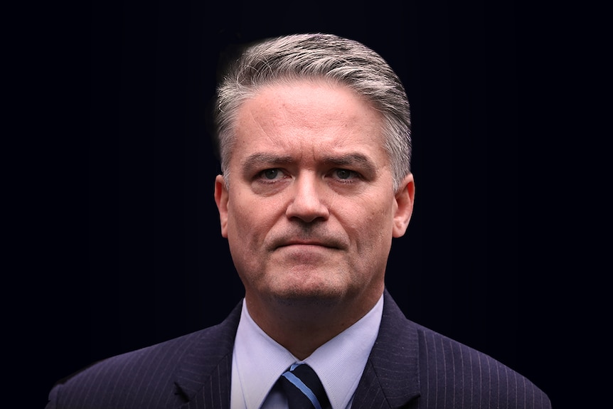 Stylised graphic of Mathias Cormann on a black background. He is staring dead ahead with a stern expression on his face.