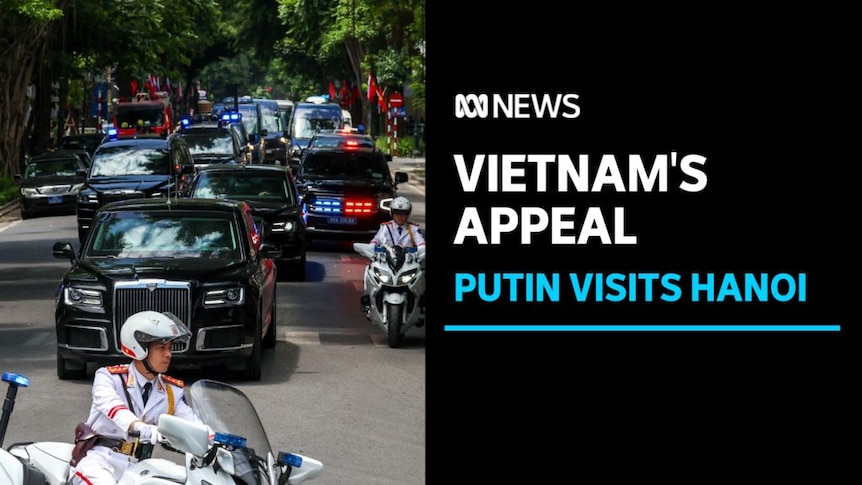Vietnam's Appeal, Putin Visits Hanoi: A motorcade with police escort drives down a tree-lined street 