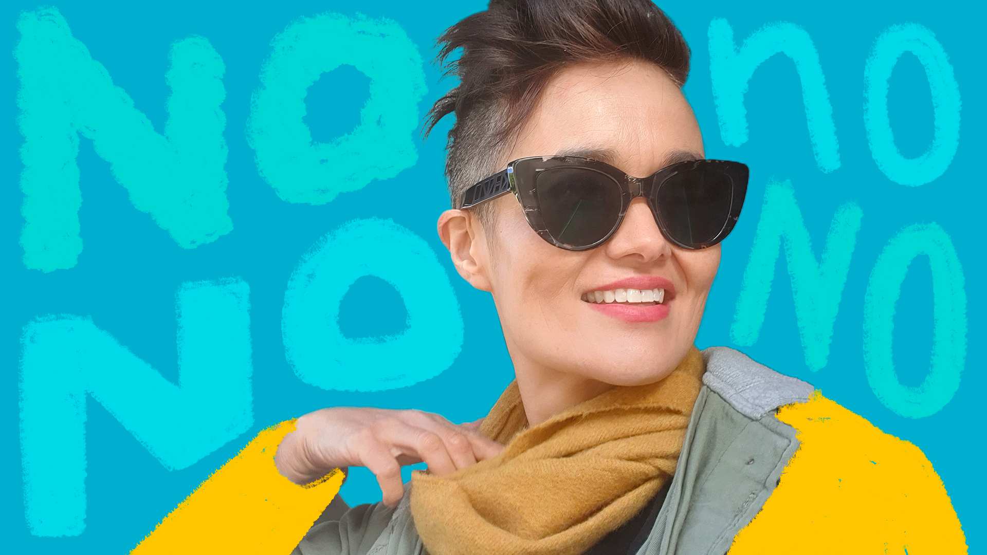 Yumi Stynes in front of a graphic with the words 'no' in the background in a story about learning how to say no.