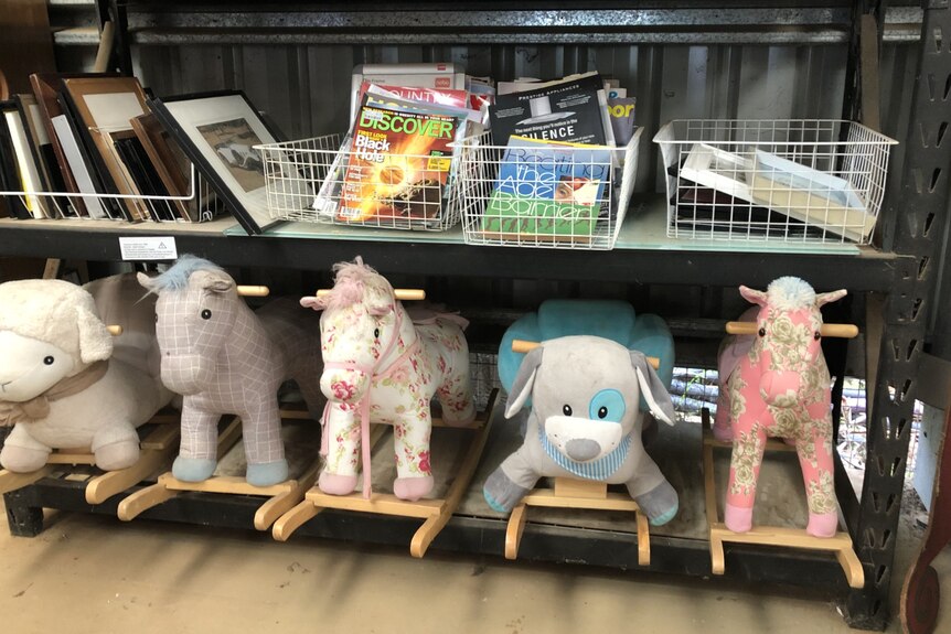 A line of rocking horses at the Anglesea Resale Centre.