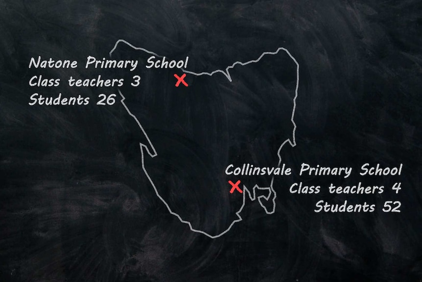 Map of Tasmania showing locations of two primary schools.