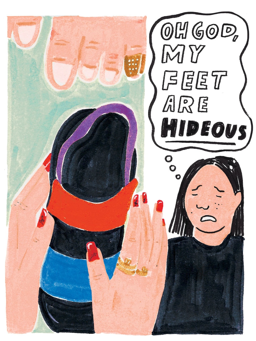 Illustration shows retail assistant putting a shoe on Grace's foot. Grace thinks, "Oh my god, my feet are hideous."