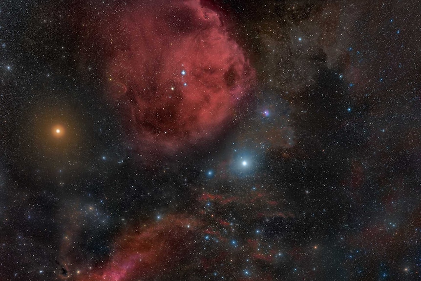 The Orion constellation showing the surrounding nebulas and red supergiant star Betelgeuse.