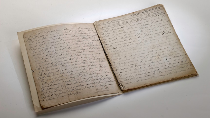 an old handwritten diary that's open so that you can see the writing. 