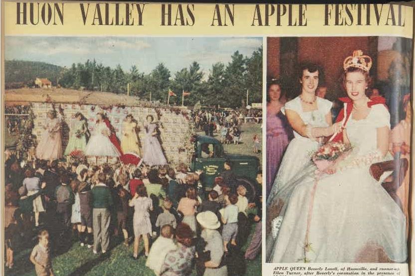 An old magazine page with photos of people at a carnival, headlined 'Huon Valley has an apple festival'.