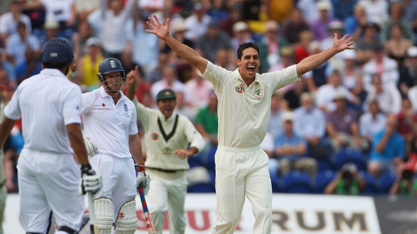Australia's Mitchell Johnson celebrates the wicket of Andrew Strauss at Cardiff in 2009.