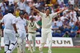 Australia's Mitchell Johnson celebrates Andrew Strauss' wicket in the 2009 Ashes series in Cardiff.