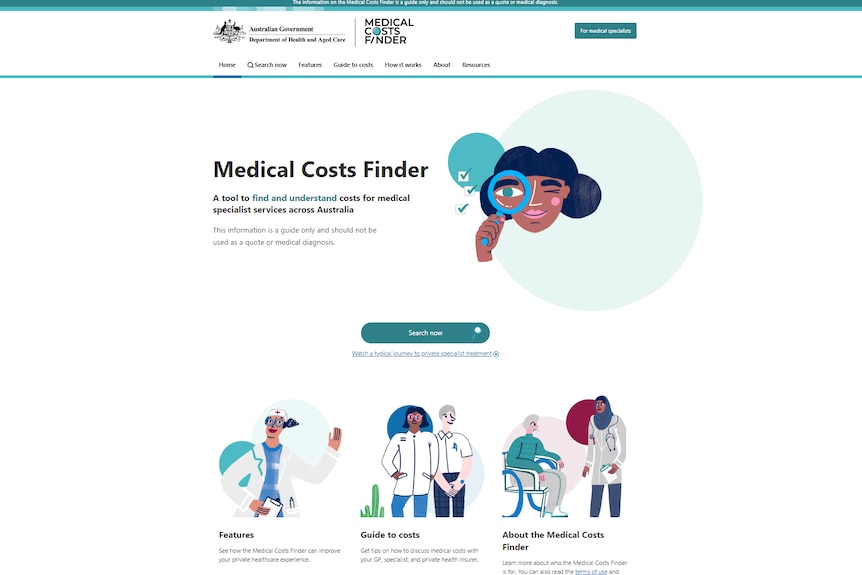 Screenshot of Medical Costs Finder website