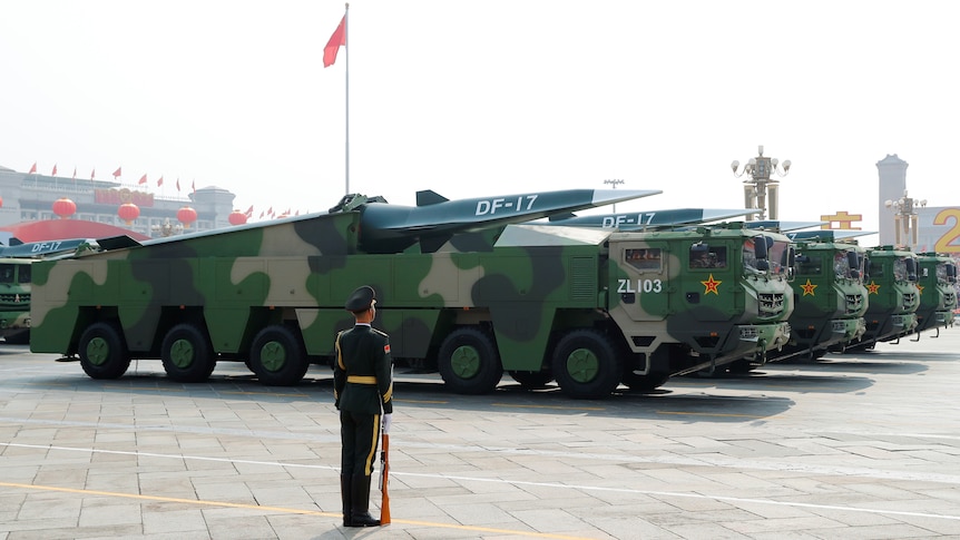 Chinese military vehicles carry hypersonic vehicles during military parade, October 1, 2019.