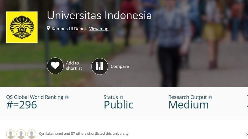 University of Indonesia is the best in the country with ranking of 296 in the world