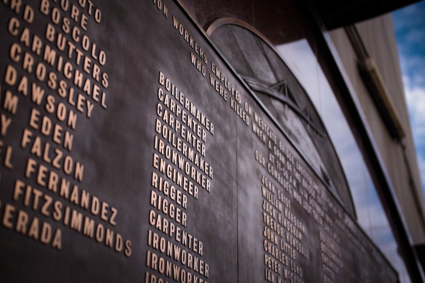 The detail of a memorial plaque to the 35 men killed in the West Gate Bridge collapse.