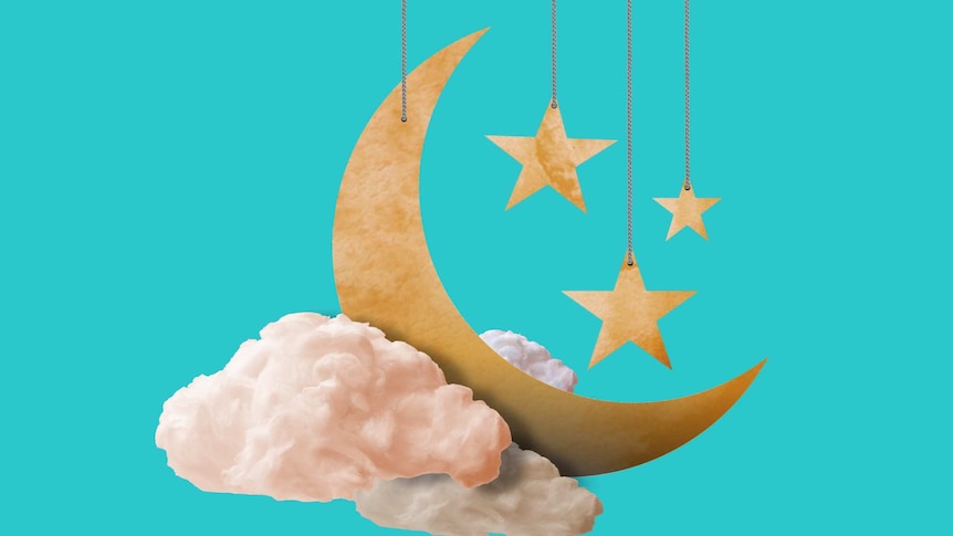 Gold stars and a crescent moon sit on a stylised white cloud, in front of a cyan background.