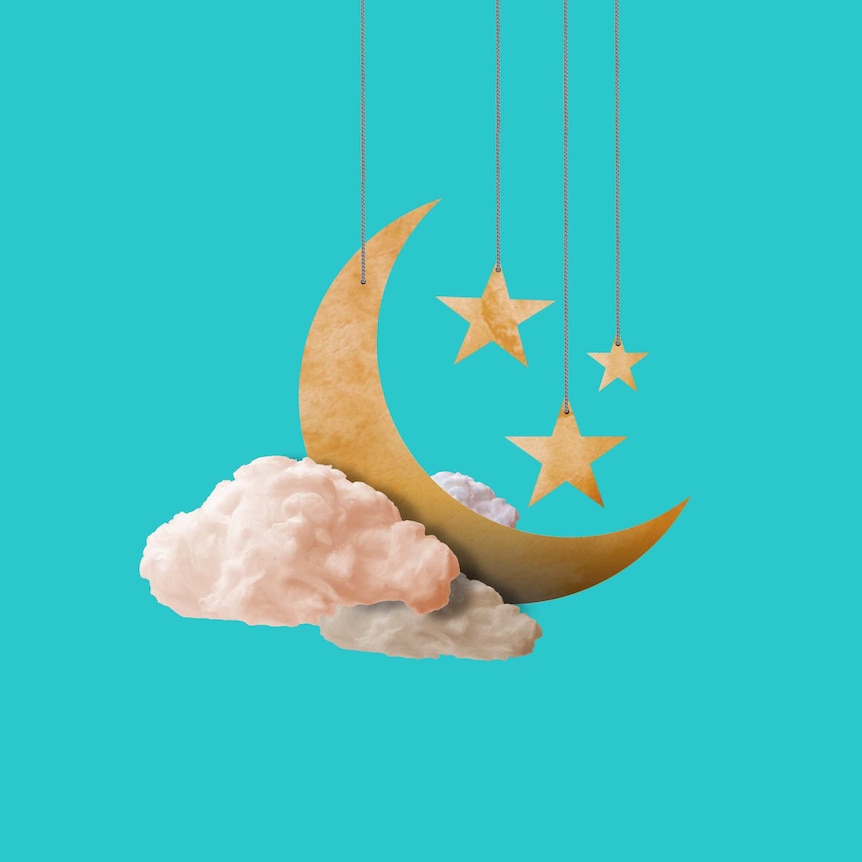 Gold stars and a crescent moon sit on a stylised white cloud, in front of a cyan background.