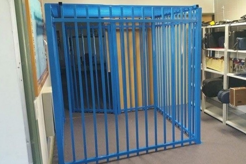 The cage in which an autistic boy was kept at a Canberra school