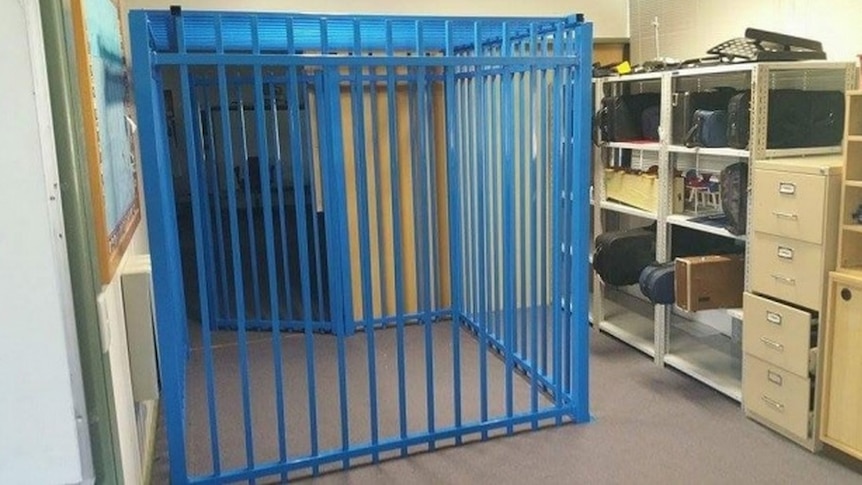 The cage made of blue pool fencing at a Canberra school.